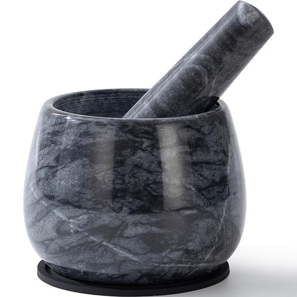 Fasolahome Heavy Duty Natural Marble Mortar and Pestle Set for Fresh Guacamole Salsa Pesto Spice Herb Grinding 1.5 Cup