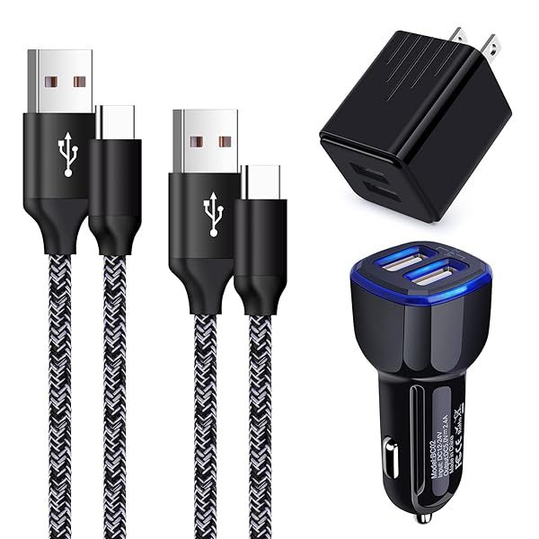 Fast Charger Type C Block USB Wall Plug and Car Adapter with 3FT and 6FT Charging Cables for Samsung Galaxy S25 S24 S23 S22 S21 A10e A11 A12 A13 A21