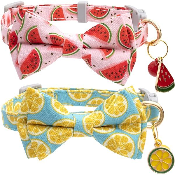 Faygarsle 2 Pack Cute Cat Collars with Bell Breakaway Bowtie Soft Pink Yellow Watermelon Lemon Pattern for Male Female Cats