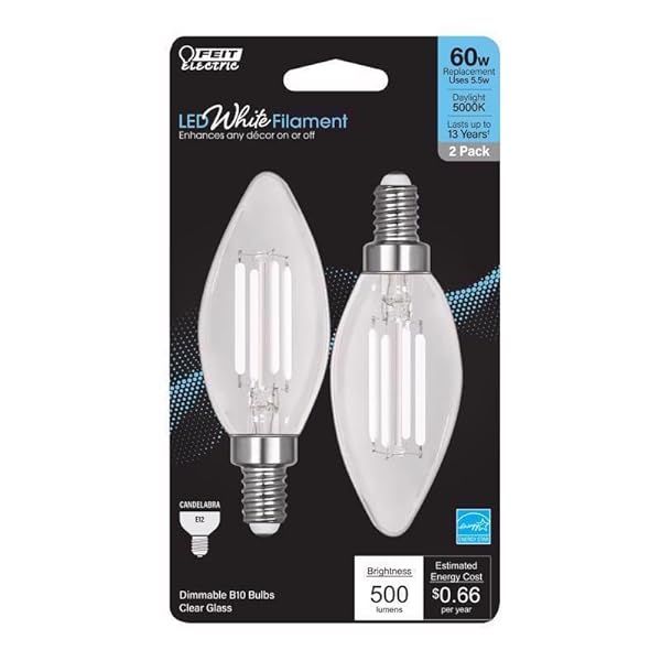 Feit BA10 E12 Candelabra Filament LED Bulb - Daylight 60W Equivalent, 2 Pack