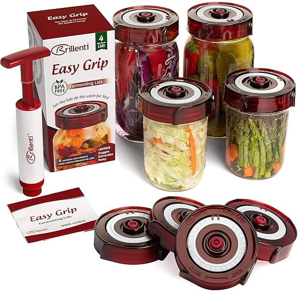 Fermenting Lids for Wide Mouth Mason Jars 4 Pack with Easy Grip Oxygen Pump and Date Tracker for Effortless Fermentation