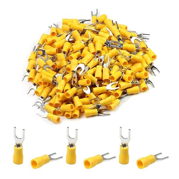 Fielect 1000Pcs 22-16 AWG Insulated Fork Spade Wire Connectors Yellow U-Type Crimp Terminals for Electrical Use