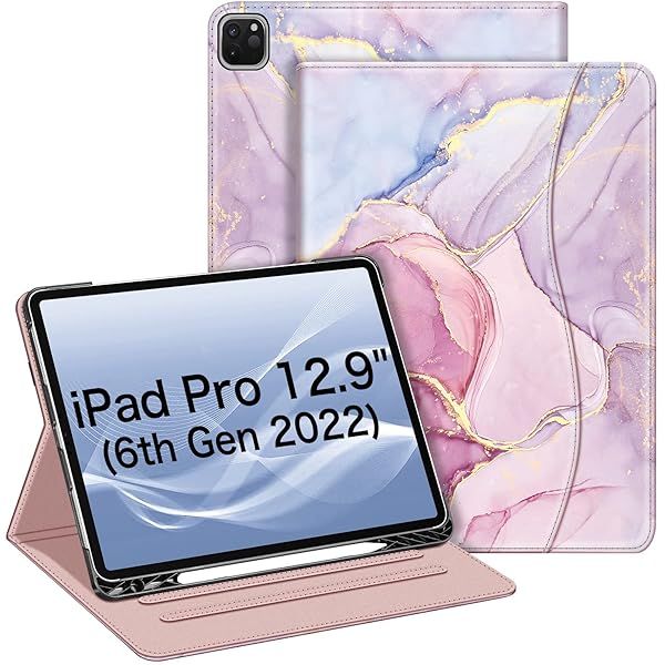 Fintie Folio Case for iPad Pro 12.9 6th Gen 2022 Multi Angle Smart Stand Cover with Pencil Holder and Pocket Dreamy Marble