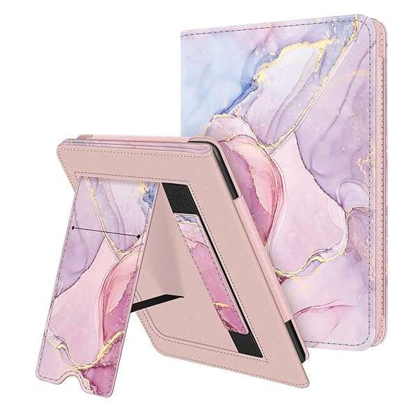 Fintie Stand Case for 2022 Kindle 11th Gen - PU Leather, Card Slot & Hand Strap, Glittering Marble Design