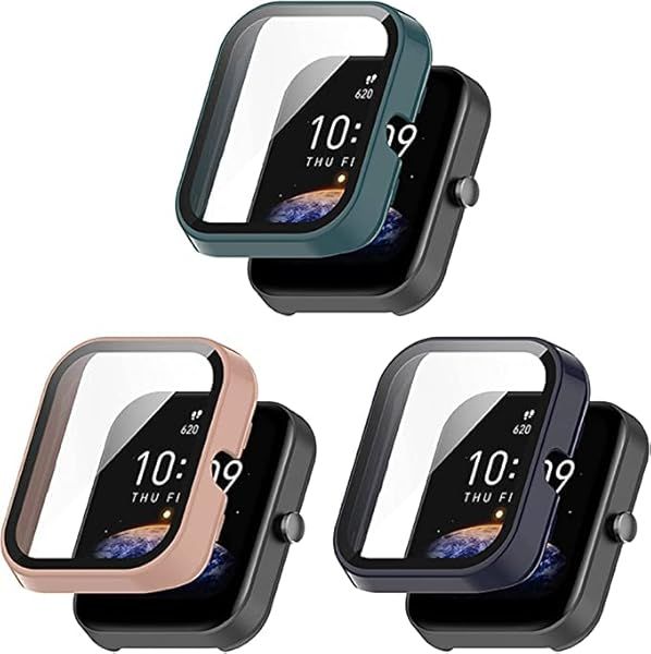 FitTurn Compatible with Amazfit Bip 3 Pro Screen Protector Cases Replacement PC Slim Case Cover 3D Full Coverage Tempered Glass Screen Protector for