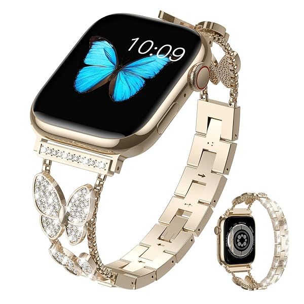 Fitlink for Apple Watch Band 38mm 40mm 41mm, Bling Butterfly Jewelry Diamond Rhinestone Stainless Steel Metal Strap for Apple Watch Series 8 Series 7