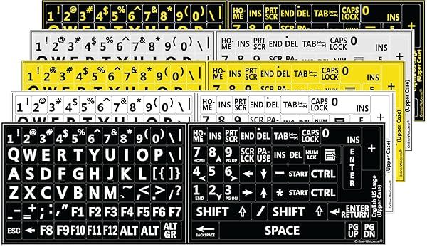 Five Large Print English Keyboard Stickers in Black Yellow White Gray for Easy Typing