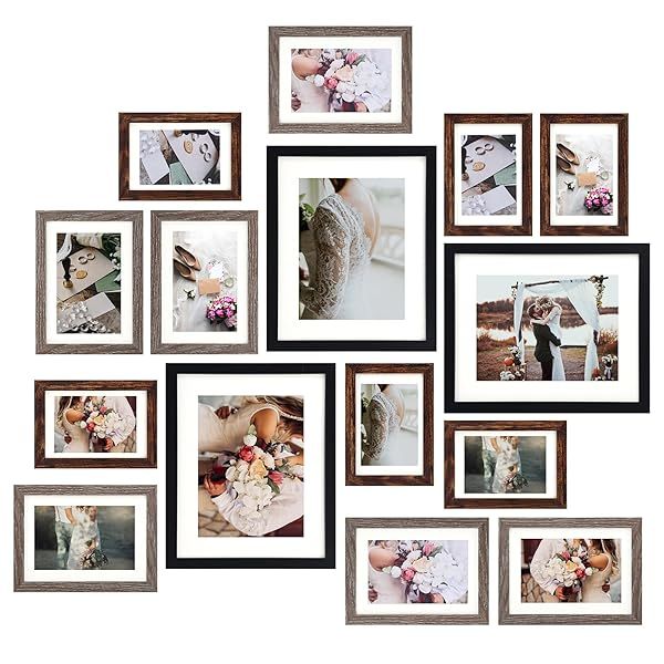 Fixwal Picture Frames Set 15 Pack Wall Frame Set in 3 Finishes with Mat for Multiple Sizes Photos Perfect for Wall Gallery Decor