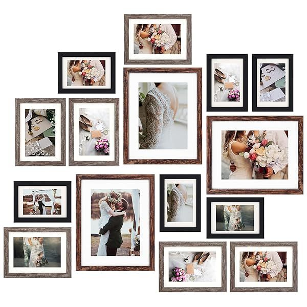 Fixwal Picture Frames Set 15 Pack Rustic Gallery Wall Frame Collage for Wall or Tabletop with 8x10 5x7 4x6 Frames in 3 Finishes