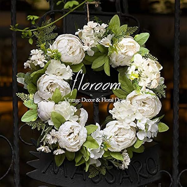 Artificial White Peony Floral Wreath 15-16 Inch for Front Door and Wall Decor