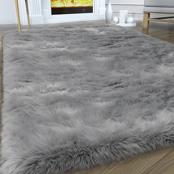 Fluffy Grey Faux Fur Area Rug 3x5 Soft Shag Fuzzy Indoor Carpet for Bedroom Living Room Kids Room Aesthetic Home Decor