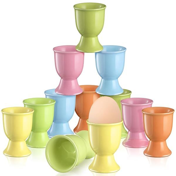 FoldTier 12 Pcs Ceramic Egg Cups Porcelain Holders for Hard Soft Boiled Eggs Perfect for Breakfast Parties and Holiday Gifts in 6 Colors