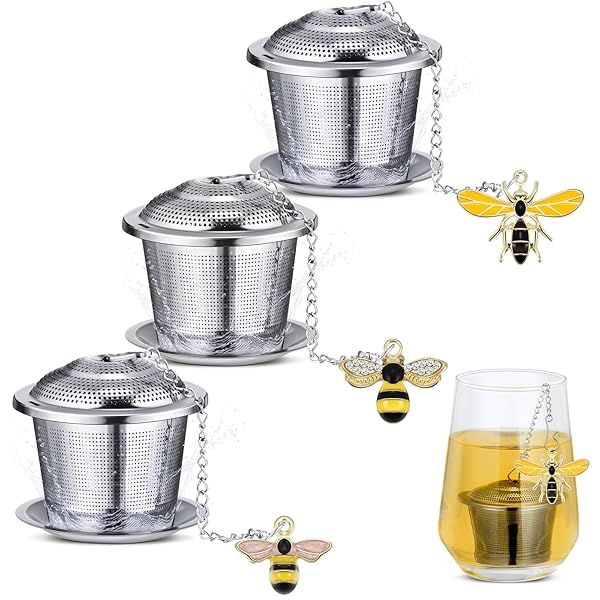 FoldTier 3 Sets Stainless Steel Tea Infusers for Loose Tea with Drip Trays and Honey Bee Pendant