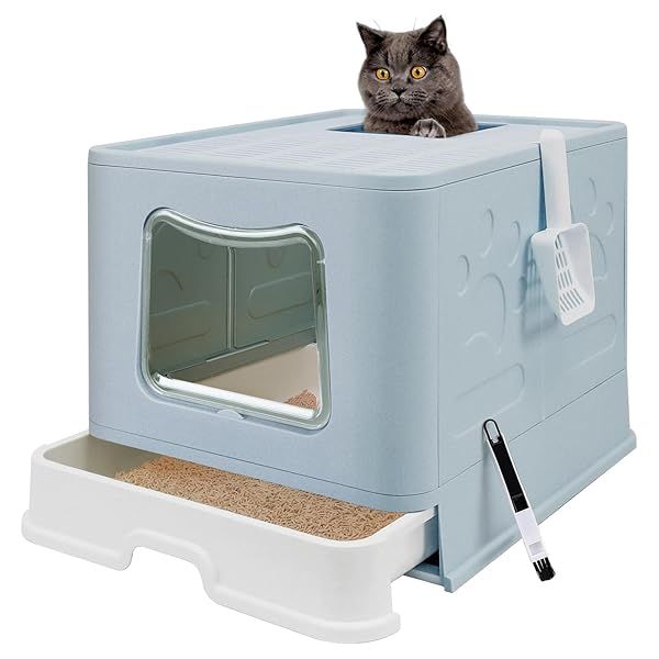 Foldable XL Cat Litter Box with Lid Jumbo Enclosed Cat Potty Top Entry Anti Splashing Easy to Clean with Litter Scoop and Brush Blue Extra Large