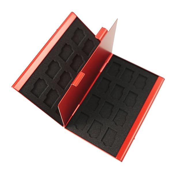 Foto&Tech Red Aluminum Memory Card Case: 24 Slots for Micro SDHC - Compatible with Lexar, SanDisk, Kingston, Sony, Samsung