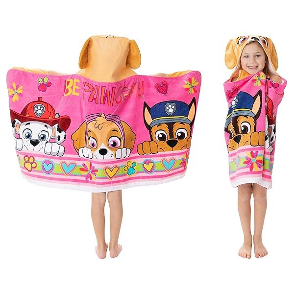 "Franco Paw Patrol Pink Hooded Towel Wrap for Kids - Soft Cotton Terry, 24" x 50" for Bath, Pool & Beach Fun!"