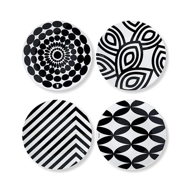 French Bull 4-Piece Assorted Melamine Salad Plates Set - 9-Inch Black & White Dinnerware for Indoor/Outdoor Use