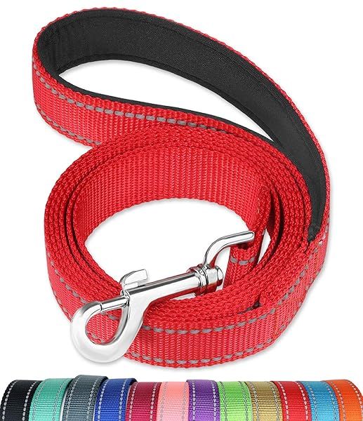 FunTags 6FT Reflective Dog Leash with Padded Handle for Large and Medium Dogs Red Training Walking Lead 1 Inch Wide