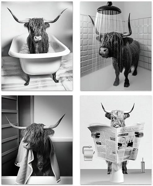 Funny Highland Cow Bathroom Wall Art Prints Vintage Black and White Rustic Style Cute Canvas Art for Farmhouse Bathroom Decor 4-Set