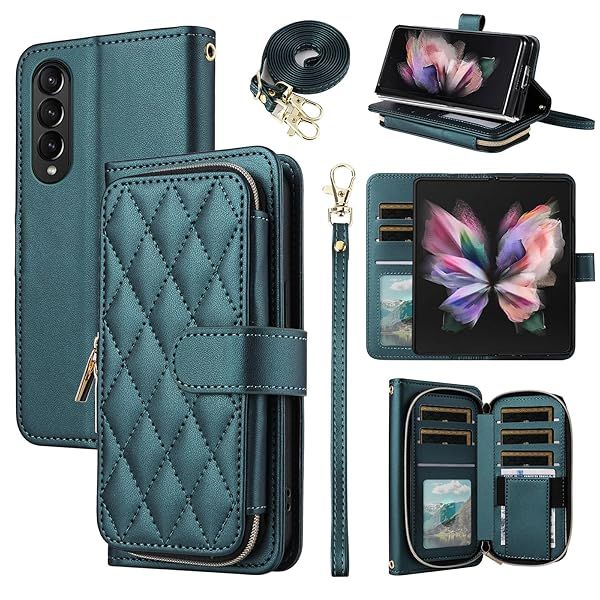 Furiet Wallet Case for Samsung Galaxy Z Fold 3 5G Luxury PU Leather with Wrist Strap and 9 Card Slots Green