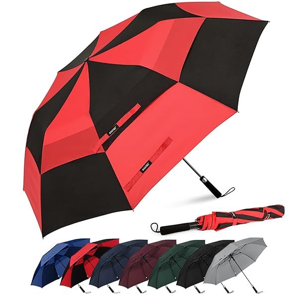 G4Free 62inch Portable Golf Umbrella Automatic Open Large Windproof Waterproof Double Canopy Black Red Sport Umbrella