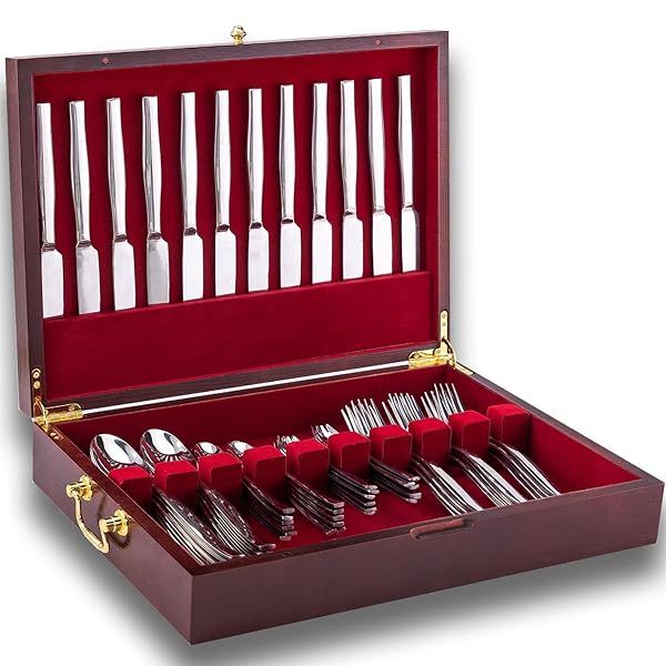 GENRICE Wooden Silverware Chest Storage Box with Handle Felt Lined for 12 Sets of Utensils