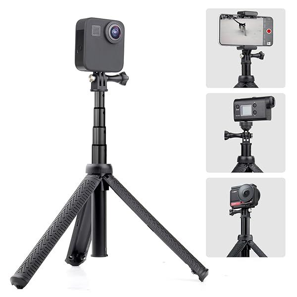 GEPULY 28'' Aluminum Extendable Tripod Selfie Stick for GoPro & Phones - 3-in-1 Hand Grip, Monopod, Tripod Stand