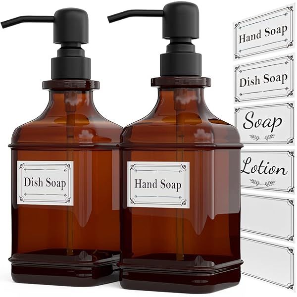 GLADPURE Soap Dispenser 2 Pack Antique Design Thick Amber Glass Bottles with Rust Proof Stainless Steel Pump for Soap and Lotion