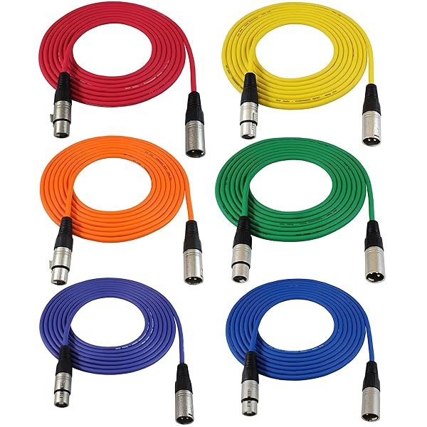 GLS Audio 12ft XLR Mic Cable 6 Pack - Balanced Male to Female Patch Cords in Vibrant Colors