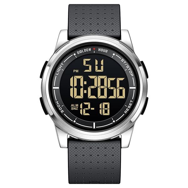 GOLDEN HOUR Ultra Thin Minimalist Sports Waterproof Digital Watch for Men and Women with Wide Angle Display Rubber Strap Silver Case