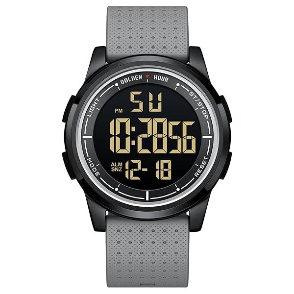 GOLDEN HOUR Ultra Thin Minimalist Sports Waterproof Digital Watch for Men and Women with Wide Angle Display and Rubber Strap in Gray