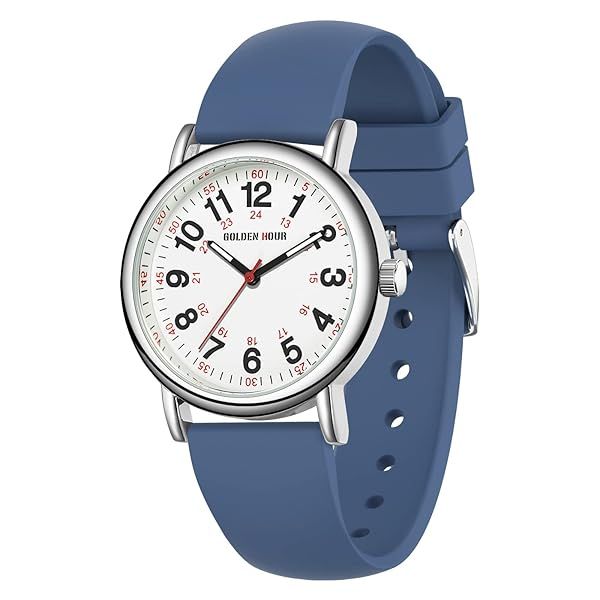 Golden Hour Waterproof Nurse Watch 38mm 24 Hour Luminous Dial Red Second Hand Silicone Band Navy Blue