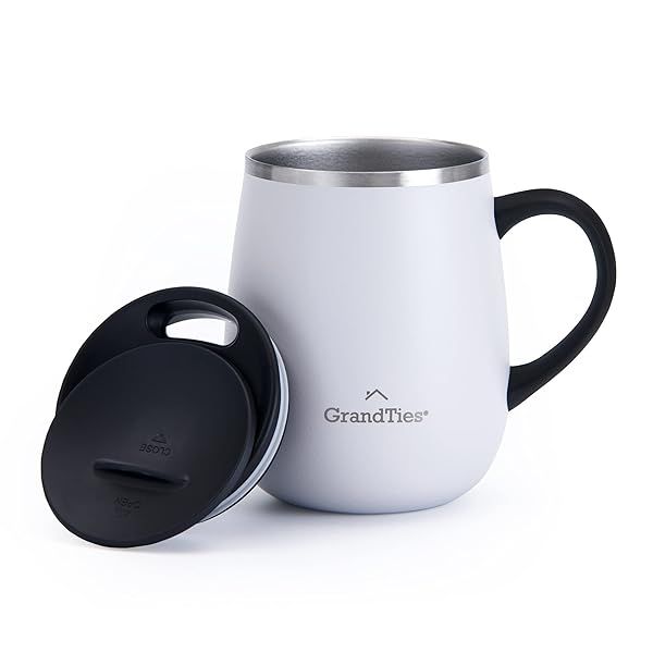 GRANDTIES Insulated Coffee Mug with Handle - 16 oz Splash-Proof Thermos Tumbler for Hot & Cold Drinks - Pearl Finish