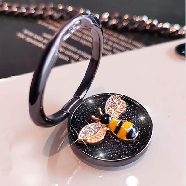 GSRYPC Fashion Bee Pattern 360 Rotating Ring Stand Holder Bling Diamond Grip Compatible with iPhone 12 Samsung S21 iPhone 13 Pro Max Black