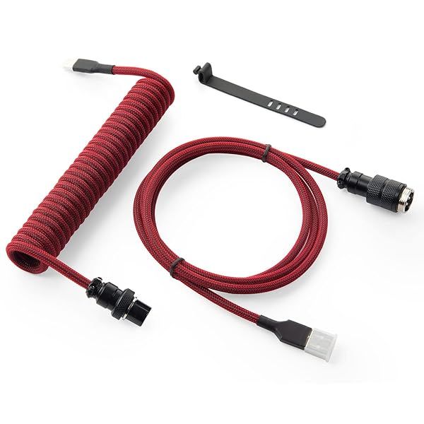 GUNMJO Pro Custom Coiled USB C Cable for Gaming Keyboards - 1.5M Red, Double-Sleeved, Detachable Metal Aviator