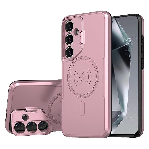 Galaxy S24 5G Phone Case with Camera Lens Protector and Kickstand Military Grade Shockproof Cover for Women Men 6.2 inch Rose Gold