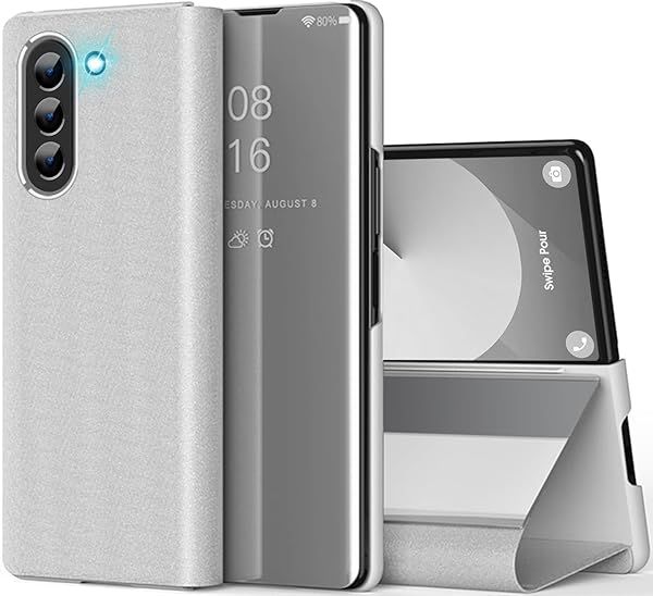 Galaxy Z Fold 6 Clear View Mirror Flip Cover Case with Kickstand PU Leather Protective Case for Samsung Galaxy Z Fold 6 Silver