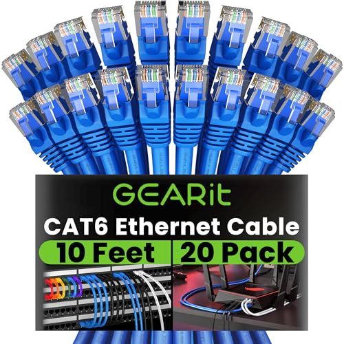 GearIt 20 Pack Cat 6 Ethernet Cable Snagless Patch 10 Feet Computer LAN Network Cord Blue Lifetime Warranty