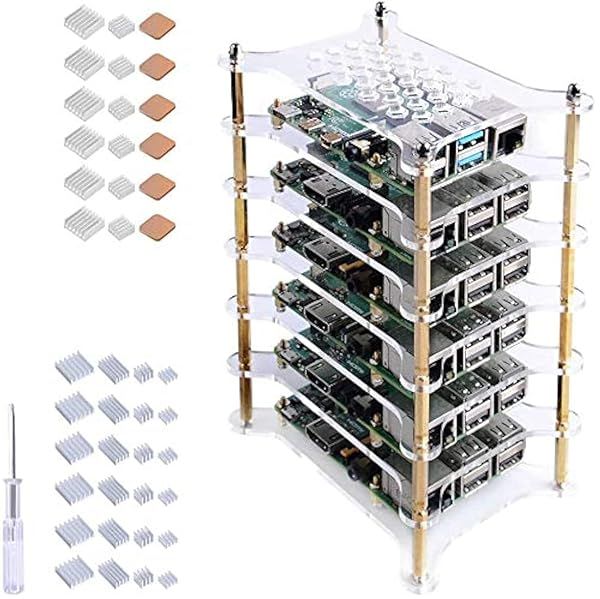 GeeekPi 6-Layer Stackable Raspberry Pi Case with Heatsinks - Clear Enclosure for Pi 4/3/2 Model B & 3 B+