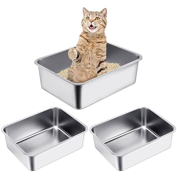 Gerrii Extra Large Stainless Steel Litter Box 3 Packs High Sides Non Stick Easy to Clean for Cats and Bunnies 17.7 x 13.8 x 5.9