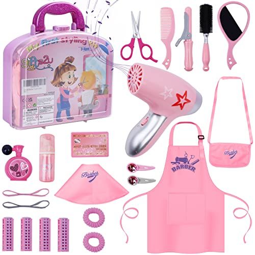 Gifts2U Girls Beauty Salon Set 23 Pcs Kids Pretend Hair Styling Kit with Blow Dryer Barber Costume Apron Scissors and Accessories