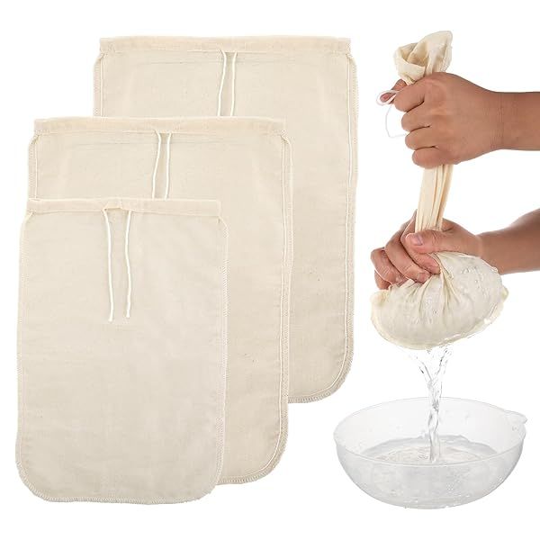 Gjinxi Nut Milk Cloth Strainer 3 Pcs Reusable Cotton Filter Bags for Almond Soy Oat Milk Tea Juices Cold Brew Coffee Cream Color
