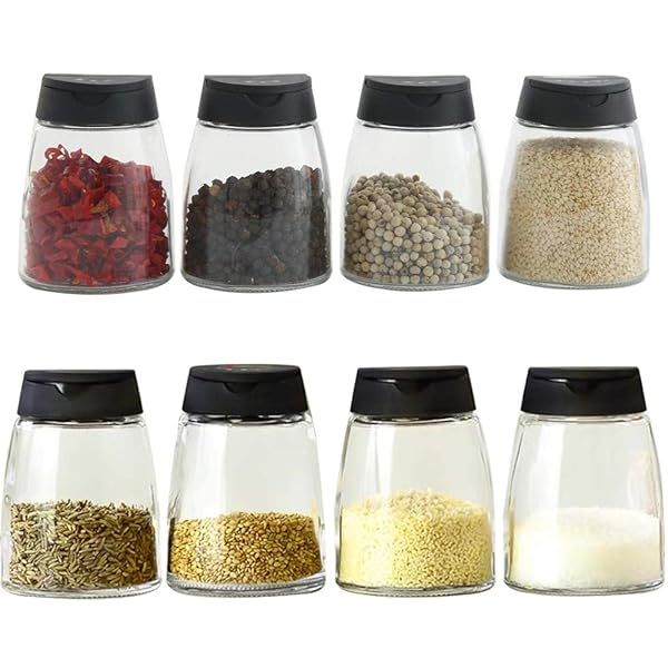 Glass Spice Jars Set of 8 Double Lids Seasoning Shakers for Salt and Pepper Storage
