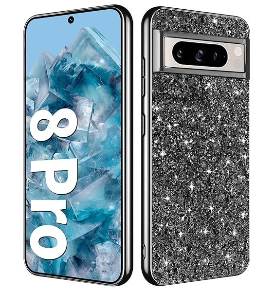 Glitter Case for Google Pixel 8 Pro Slim Shockproof Protective Cover for Women and Girls Ultra Thin Matte Black Bling Design
