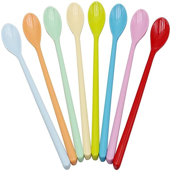 Set of 8 Colorful Melamine Mixing Spoons - Long Espresso, Latte, Dessert & Cocktail Stirring Spoons (8.8-Inch)