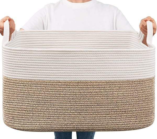 Goodpick Large Woven Blanket Basket 21.6 x 14.9 x 11.8 Storage Baskets for Organizing Cotton Rope Toy Basket for Living Room Bedroom White Brown
