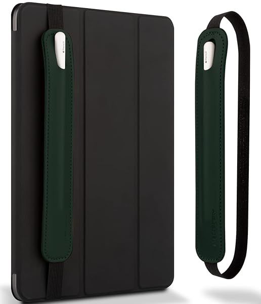 Goospery Pencil Holder for Apple Pencil & iPad - Dark Green PU Leather Case with Elastic Band for Tablets & Notebooks