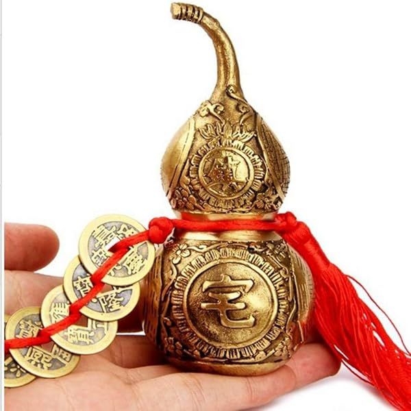Pure Brass Wu Lou Gourd: 5 Chinese Good Luck Hanging Ornaments for Office, Bedroom & Car