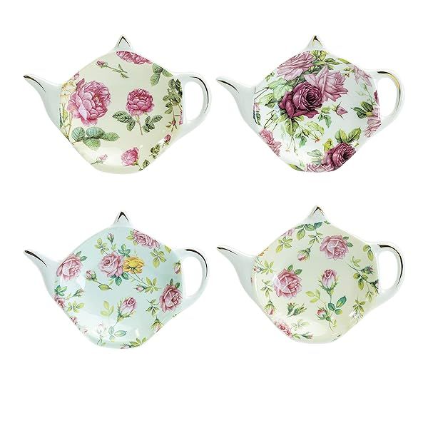 Gracie China Tea Bag Caddy Holder Set of 4 - Elegant Rose Chintz Design for Tea Lovers