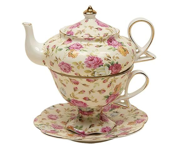 Gracie China 4-Piece Tea Set: Porcelain Stacked Teapot & Cup with Cream Cottage Rose Chintz Design